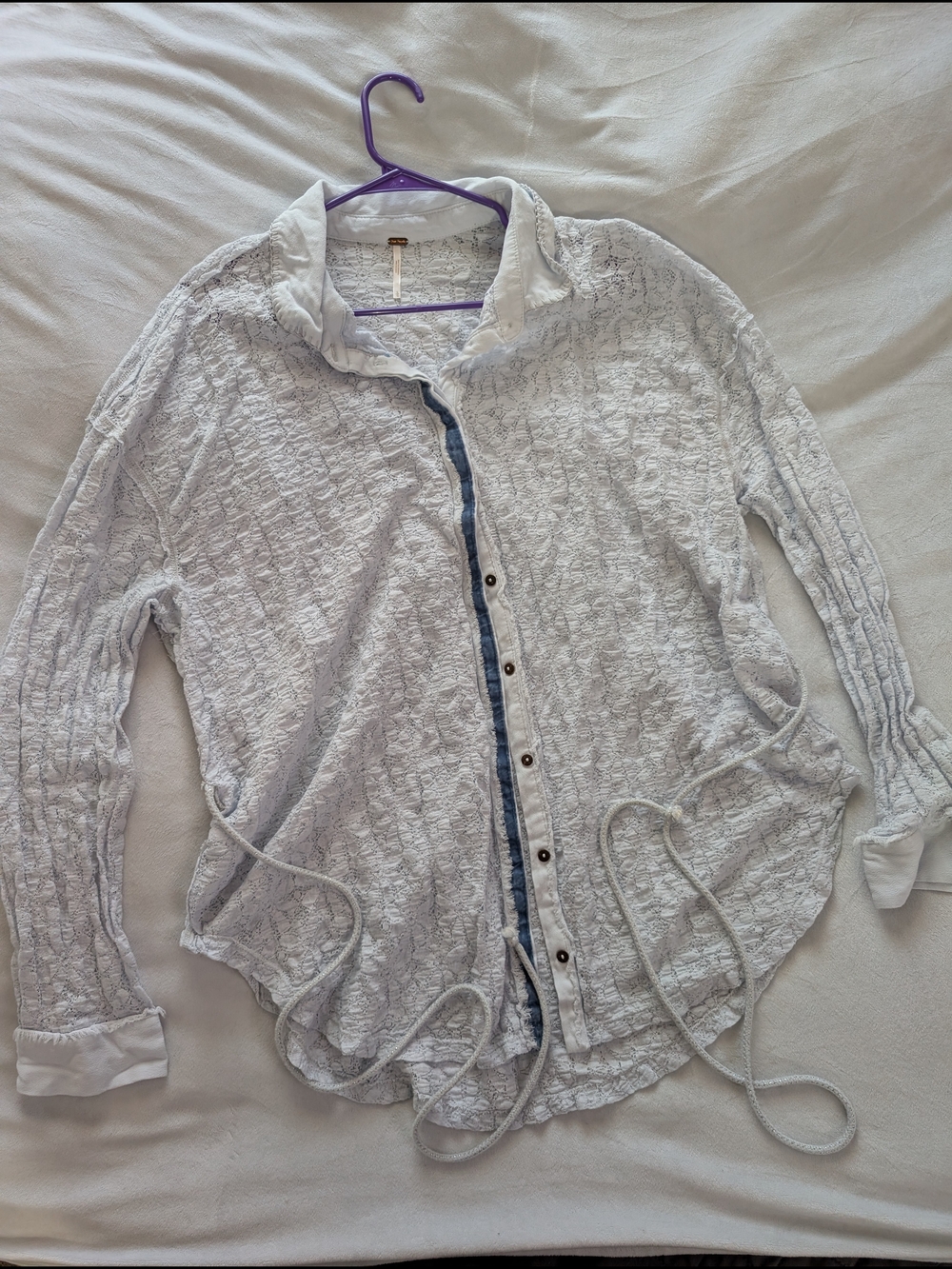 Free People Light Blue White Crinkle Lace Button Front Tie Waist Shirt Top